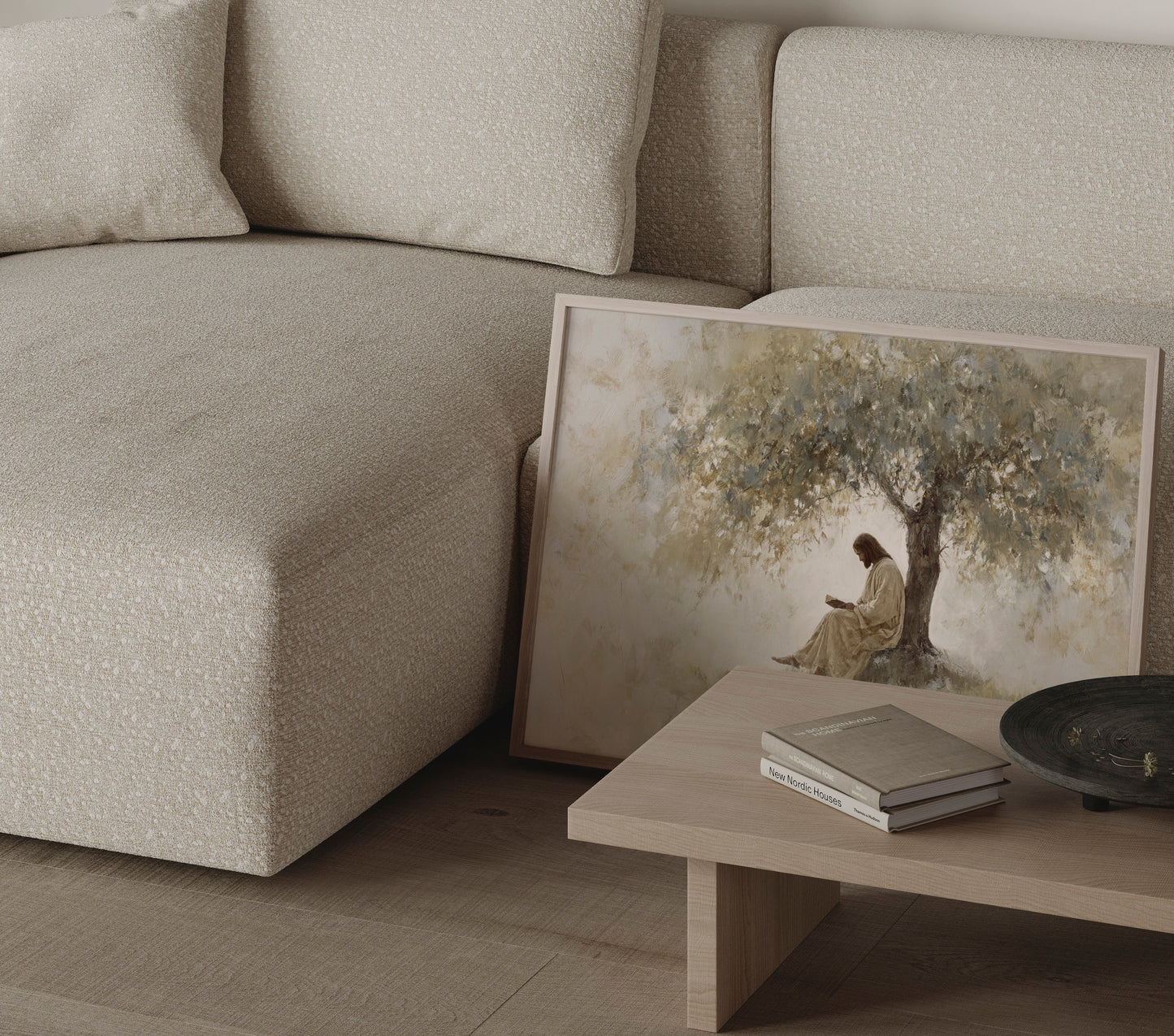 Modern Christian wall art with Jesus reading under soft sunlight