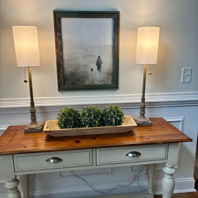 Jesus Leaves the 99 print above entryway console