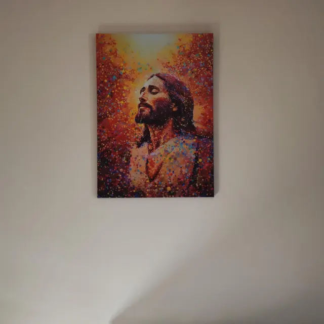 Colorful pointillism Jesus canvas on wall