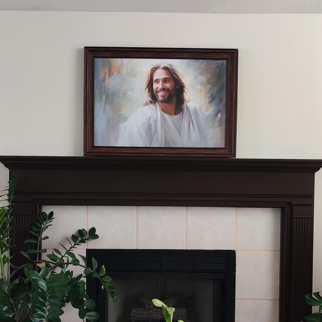 Modern Jesus print above fireplace mantel