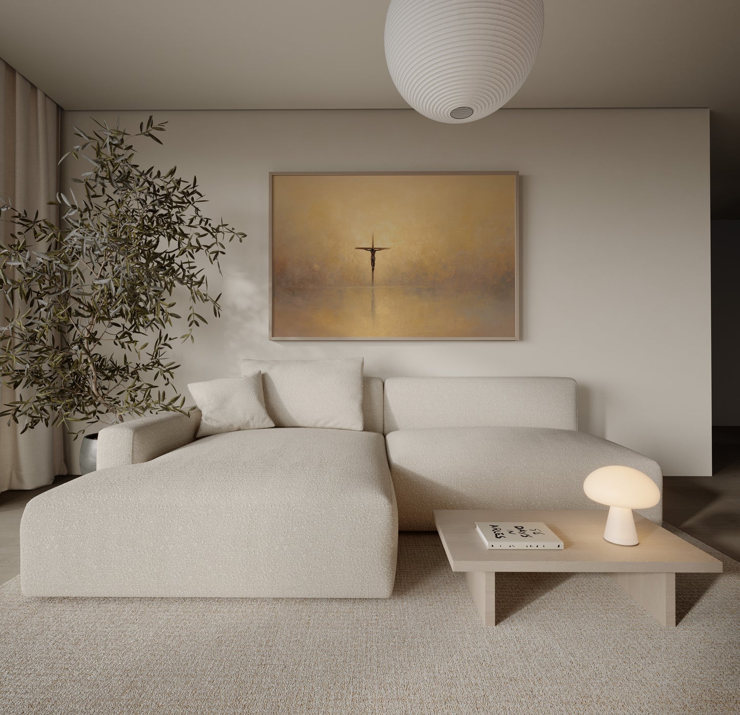 Christian wall art print featuring the cross in warm golden colors, creating a calm and spiritual atmosphere