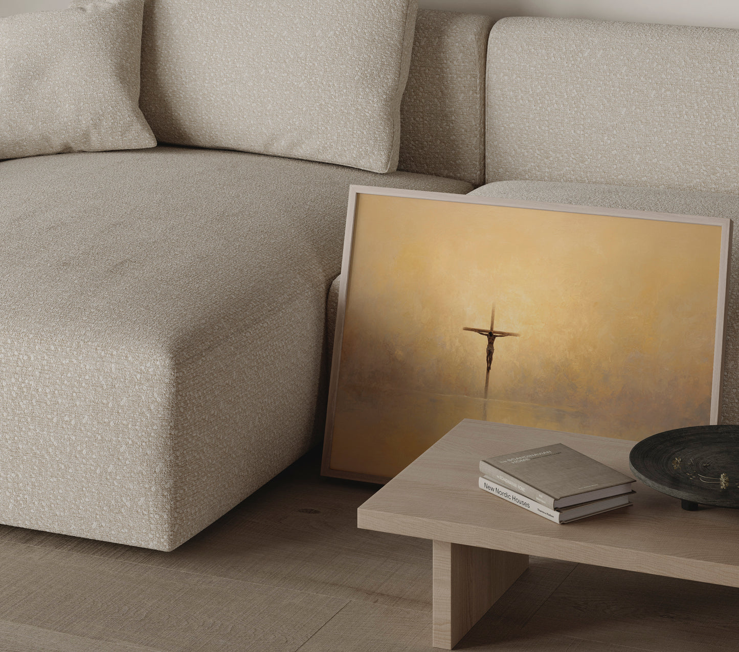 Christian art print portraying Jesus on the cross in warm gold tones with a tranquil, reverent mood