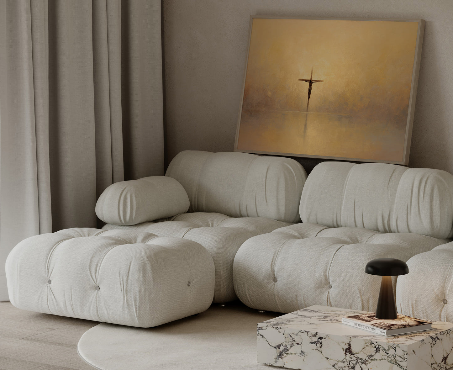 Minimalist Christian art print showing Jesus on the cross with soft lighting and gentle neutral tones